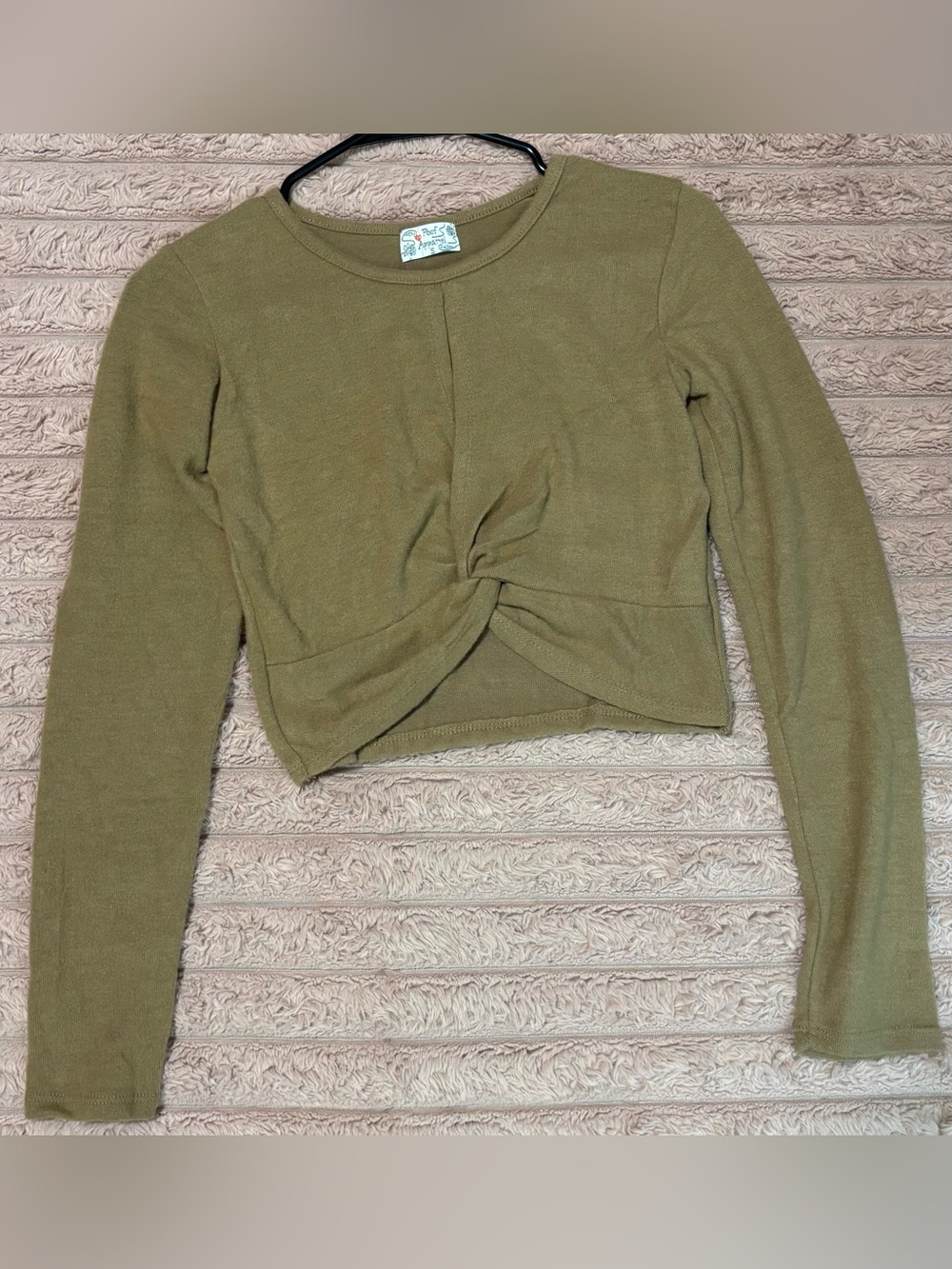 Poof Apparel Tan Front Swirl Cropped Long Sleeve Sweater Womens Size Small NWOT
